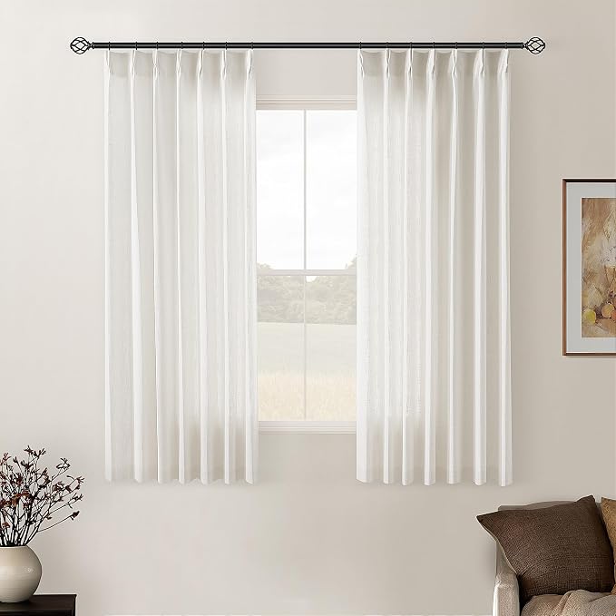 Natural Linen Kitchen Curtains 45 Inches Long 2 Sets Basement Curtains for Small Window Cream Ivory Pinch Pleated Back Tab Linen Blend Short Boho Semi Sheer Back Tab Drapes for Bay Windows 40x45