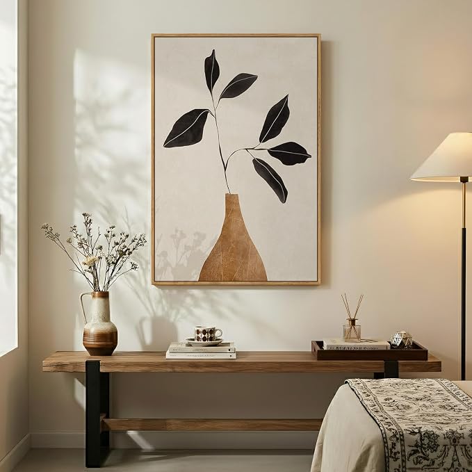 Framed Boho Abstract Neutral Floral Wall Art for Living Room, Minimalist Leaf in Brown Vase Print Canvas Artwork for Walls, Nordic Wabi Sabi Mid Century Modern Bedroom Kitchen Wall Decor, 24x36 In
