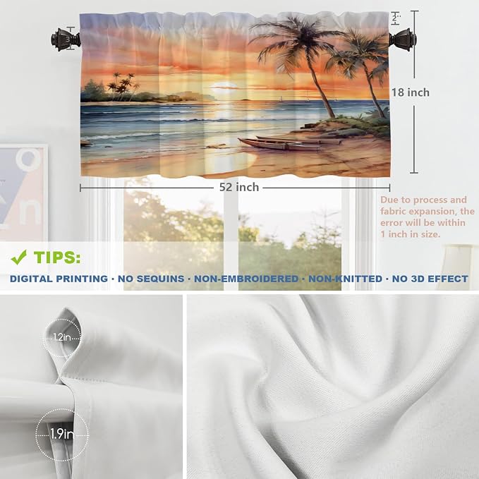 Shrahala Sunset Beach Blackout Short Curtains for Windows, Tropical Seaside Scene Kitchen Valance Thermal Insulated Rod Pocket Window Treatment for Bathroom 52 X 18 in