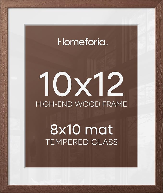 Homeforia 10x12 Brown Picture Frame, High End Dark Oak 10x12 Walnut Poster Frame with Mat 8x10, 10 x 12 Wooden Frame Matted to 8 by 10 inch Photo, 12x10 Thin Frames, Tempered Glass, Wall Kit, Set of 2