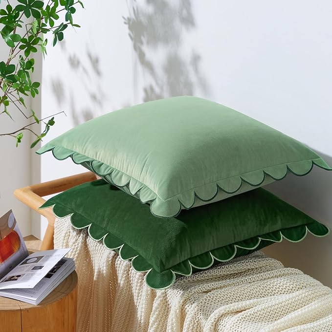 MONDAY MOOSE Decorative Throw Pillow Covers Cushion Cases, Set of 2 Soft Velvet Scalloped Round Edge Designs, Mix and Match for Home Decor, Pillow Inserts Not Included (16x16 inch, Green/Light Green)