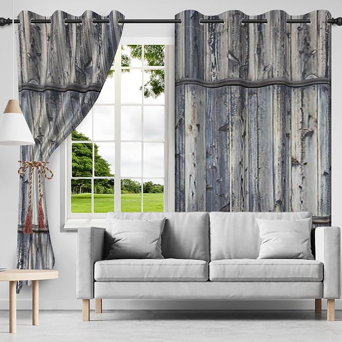 Wooden Barn Doors Kitchen Curtains,Wood Planks Rustic Farm Farmhouse Window Curtains Country Retro Western Vintage Grey Window Curtain Treatments Bedroom Living Room Decor,53x45 inch,2 Panels