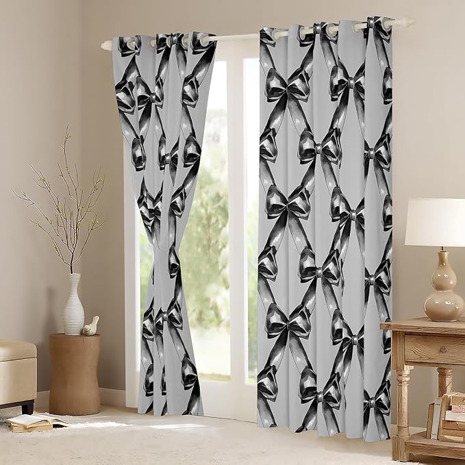 Erosebridal Kids Bow Window Curtain Bowknot 38" Wx45 L Curtain for Boys Girls Teen,Grey Black Bow Tie Window Treatments Ribbon Geometric Bowknot 30%-50% Blackout Curtains for Bedroom