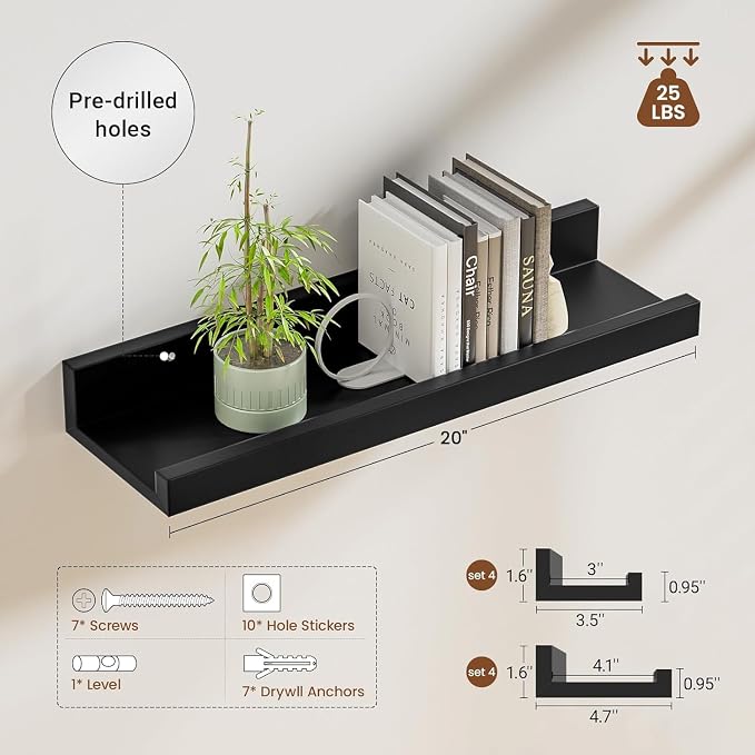 Heimlove 20 inch Picture Ledge Shelf Set of 8,Long Floating Shelves for Wall,Black Picture Shelf with Lip for Wall Decor,Living Room Bedroom Bookshelf Photo Frames Nursery Book Shelves for Storage