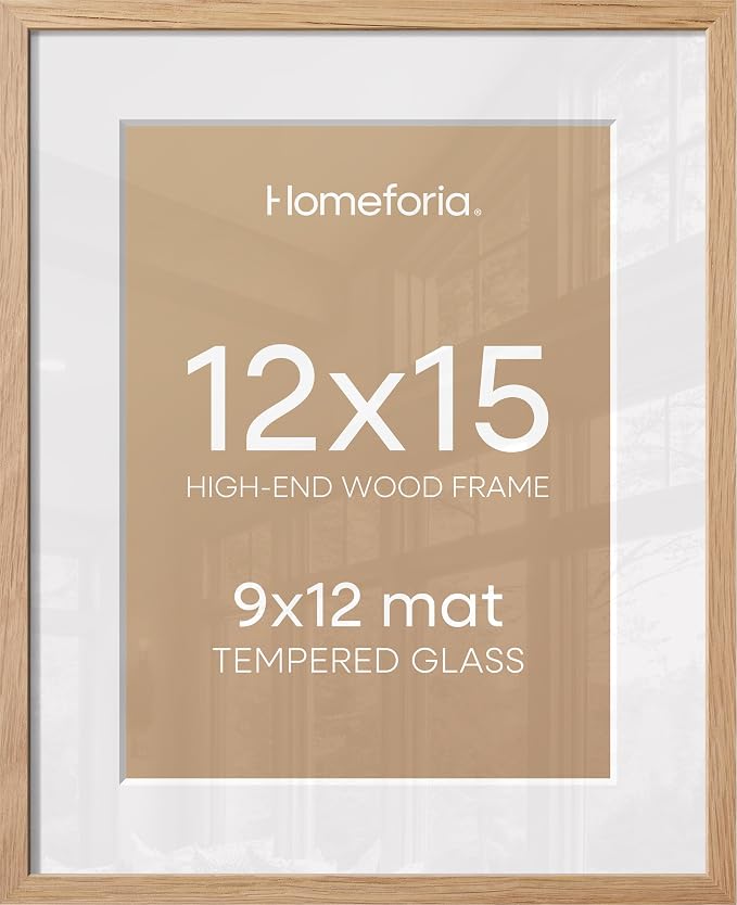 Homeforia 12x15 Wood Frame, High End Natural Oak 12x15 Light Wooden Picture Frame with Mat 9x12, 12 x 15 Poster Frames Matted to 9 by 12 Photo, 15x12 Hanging Frames, Tempered Glass, Wall Kit, Set of 3