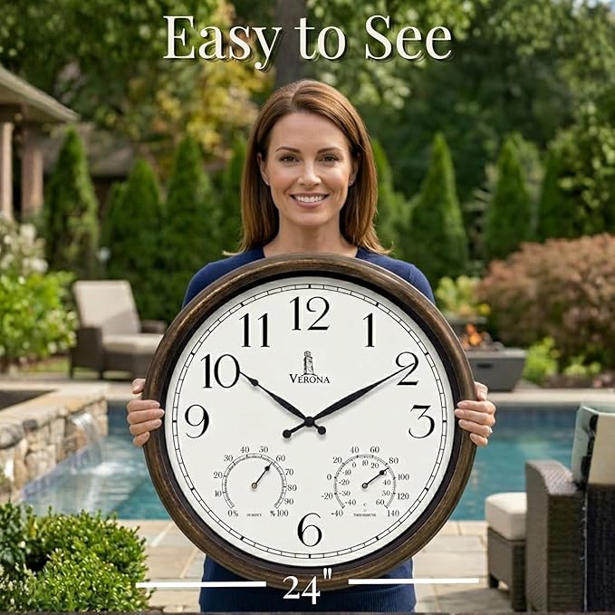 Large Outdoor Clocks for Patio - Waterproof, Accurate & Easy to Read - 24 inch Indoor Outdoor Wall Clock with Thermometer, Temperature and Humidity Combo - Weatherproof for Pool, Garden & Home Decor