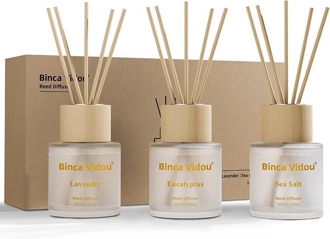 Reed Diffuser Set of 3, Binca Vidou Lavender, Eucalyptus & Sea Salt Natural Scent Oil Diffusers with Sticks for Home Office Bathroom Aromatherapy Decor 1.69oz x 3