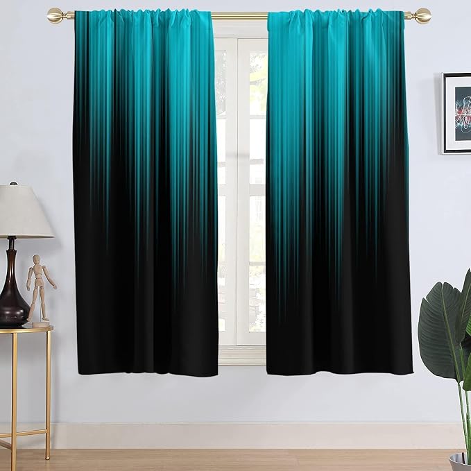AAtter Teal Black Window Curtains, Room Darkening, Rod Pocket 42" W x 63" L | Turquoise Modern Ombre Drapes, Abstract Striped High Precision Fabric, Aqua Anime Design, 2 Panels Bedroom Decor for Men