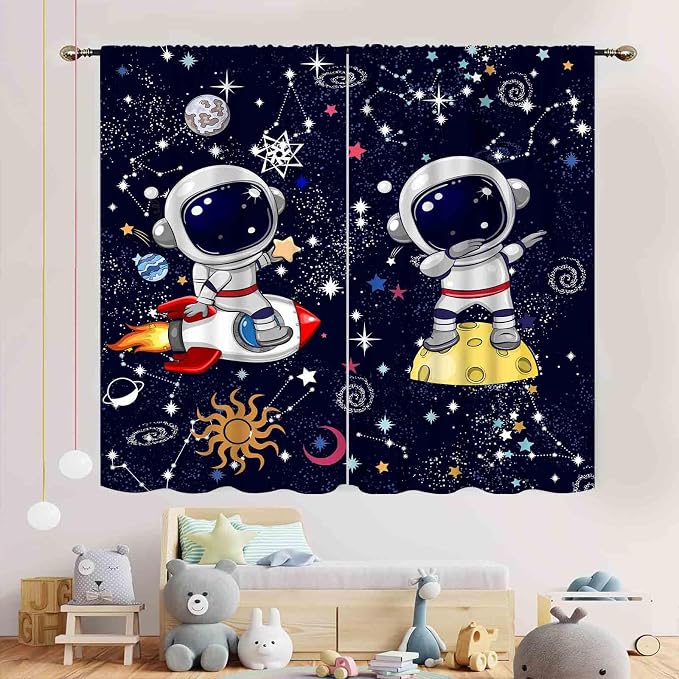 Galaxy Curtains, Cartoon Astronaut Universe Outer Space Star Planets Blackout Window Drapery Treatments for Kids Boys Bedroom Living Room Nursery Playroom 2 Panels, 63"x63" Inch