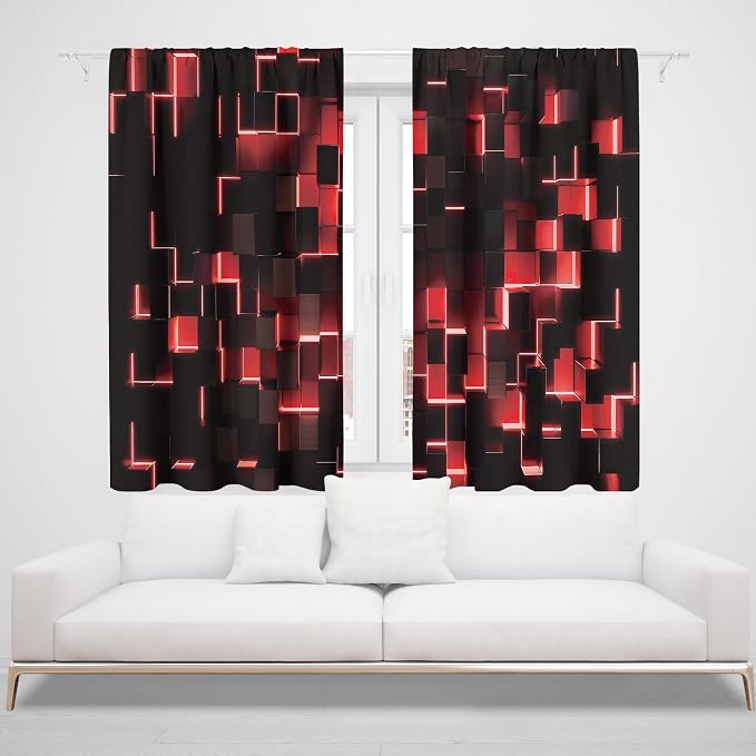 MESHELLY Abstract Red Black Curtains 42Wx45H Inch Rod Pocket Modern 3D Gradient Design Futuristic Geometric Cubes Bedroom Window Drapes Man Boys Printed Living Room Window Treatment Fabric 2 Panels