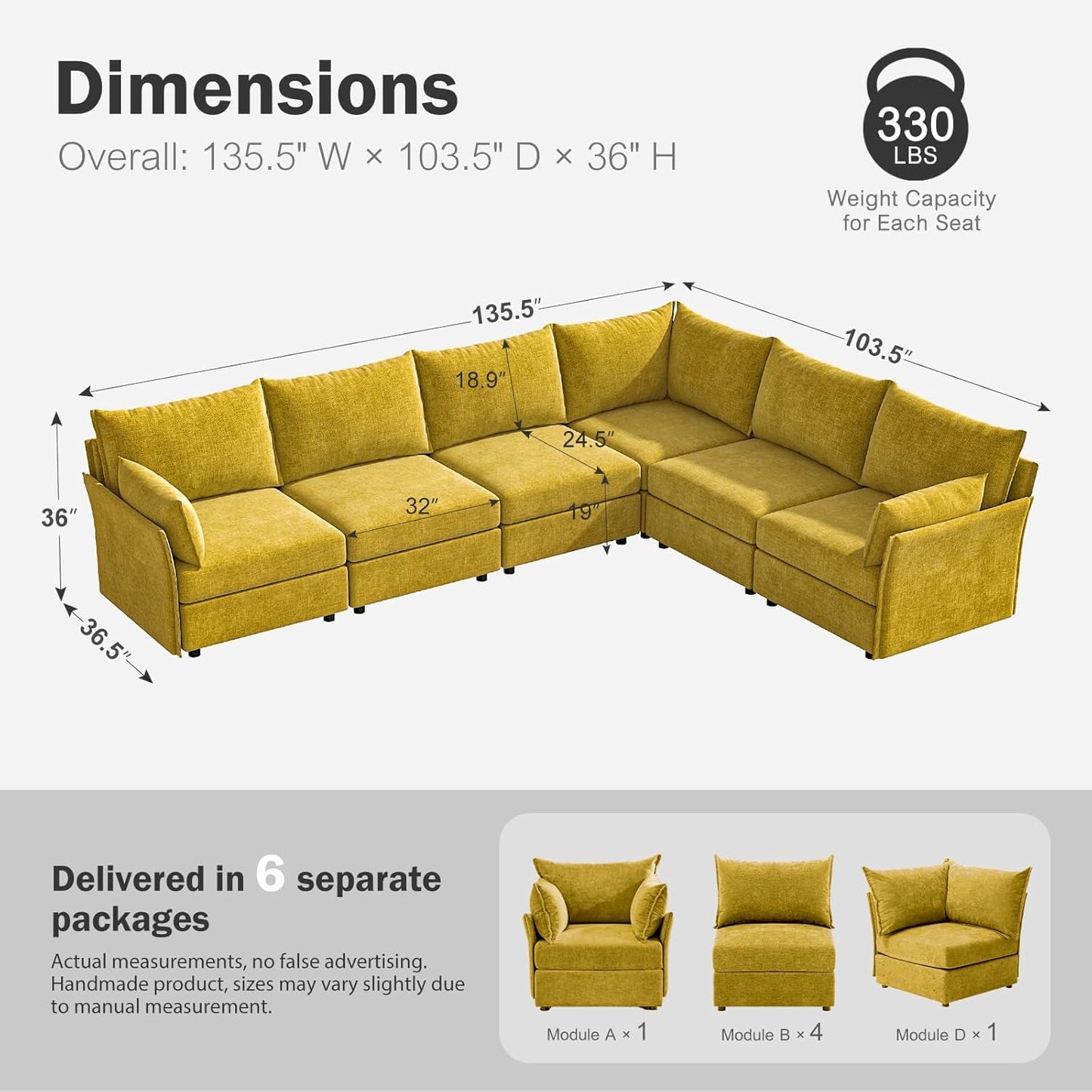 135.5" Oversized Modular Sectional Sofa, L Shaped Convertible Couch with Movable Ottoman, Large 6 Seat Corner Couches for Living Room Deep Seat Yellow Chenille