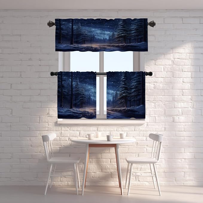 Shrahala Winter New Year Blackout Short Curtains for Windows, Stars Forests Snow Night Kitchen Valance Thermal Insulated Rod Pocket Window Treatment for Bathroom 52 X 18 in