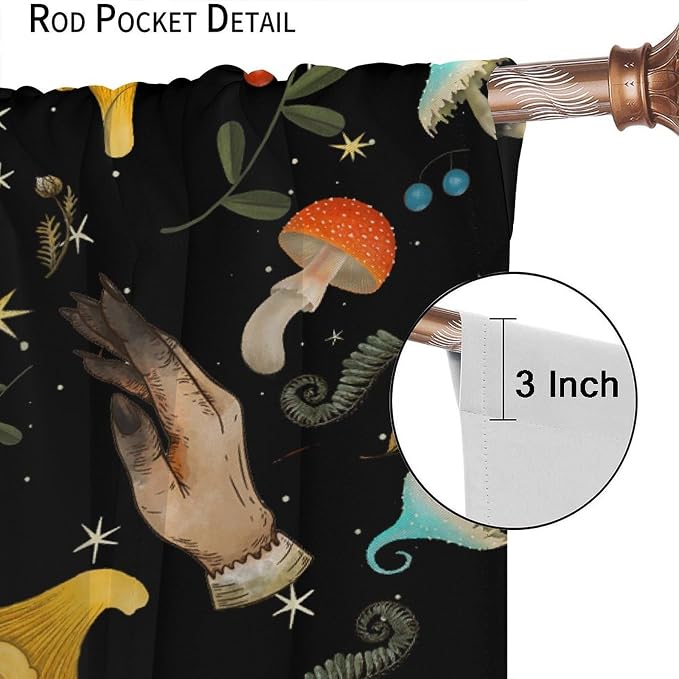 Retro Mushroom Curtains, Boho Rustic Vintage Botanical Mushroom Gothic Witch Wildflower Plant Print Blackout Window Treatments for Living Room Bedroom Kitchen 84x84in