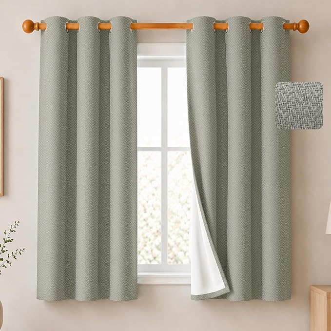 2 Panels 100% Blackout Linen-Textured Curtains, Thick Thermal Insulated Grommet Drapes with Subtle Herringbone Weave, Luxury Decor for Bedroom/Living Room, 37 x 54 Inches, Linen Beige
