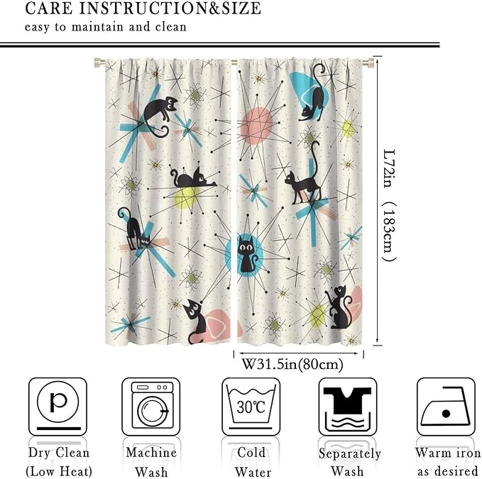 JESTRONRY Mid Century Curtains, Black Cat Atomic Stars Abstract Geometric Vintage Kitty Animal Room Darkening Door Window Rod Pocket Curtain for Living Room Bedroom 63x72in