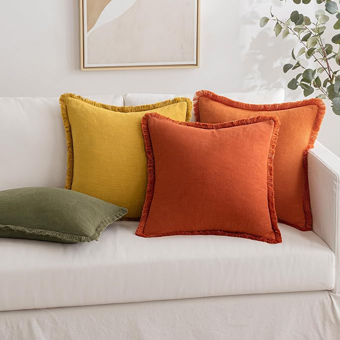 MIULEE Decorative Throw Pillow Covers Neutral Linen Fringe Throw Pillows Set of 2 Burnt Orange Boho Farmhouse Cushion Covers with Tassels for Couch Sofa Bed Living Room Fall Home Decor 18x18 Inch