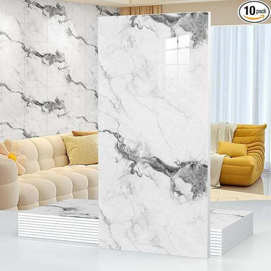10pcs Thick Marble Peel and Stick Waterproof Wall Panels,Heat-Resistant Backsplash Tile, 23.6"x11.8" PVC Foam Wall Sticker for Kitchen,Living Rooms,TV Walls,Grey White (Not Real Tile 19.4Sq. Ft.)