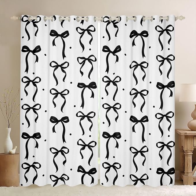 Feelyou Girls Bow Curtains for Bedroom Living Room Black White Bowknot Blackout Darkening Drapes Coquette Aesthetic Window Treatments, 2 Panels 52 x 90 Inch Kawaii Cute Princess Style Room Decor