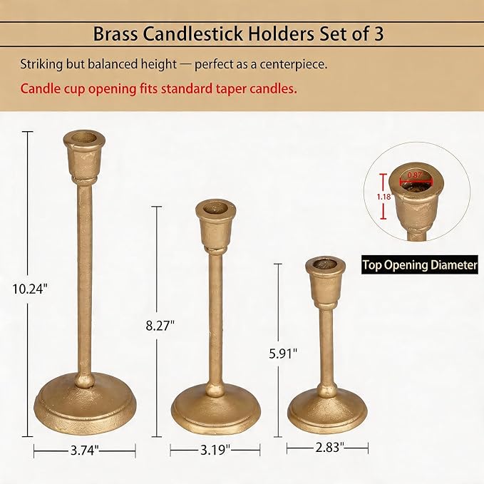 Gold Taper Candle Holders Set of 3, Antique Brass Finish | Heavy Cast Iron Candlesticks, Sturdy Candle Sticks for Dining Table, Wedding, Fireplace, Home Decor