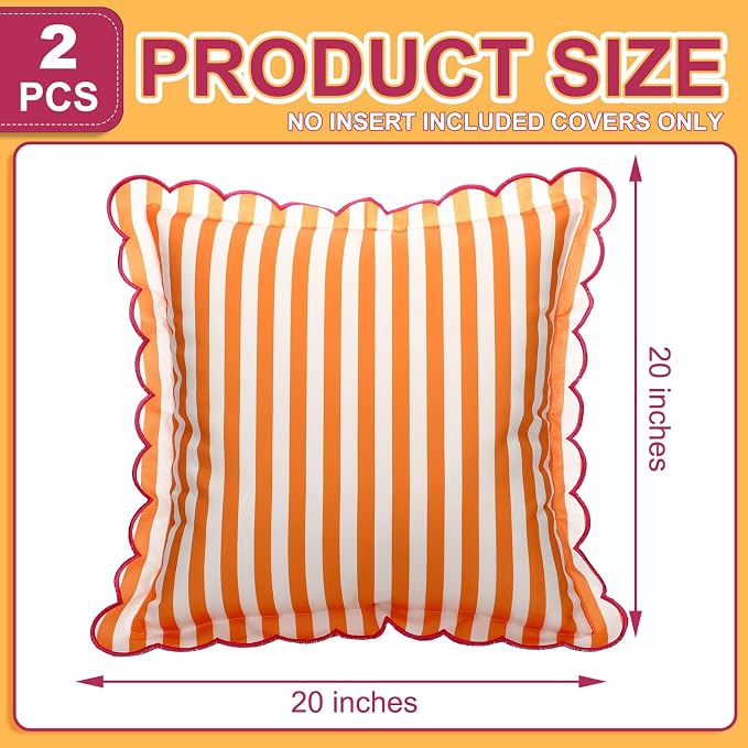 Newwiee 2 Pack Scalloped Pillow Cover 18 x 18 Inch Orange Powder Stripe Throw Pillow Cover Cotton Decorative Pillowcase for Women Men Couch Living Room Cushion Indoor Outdoor Decoration