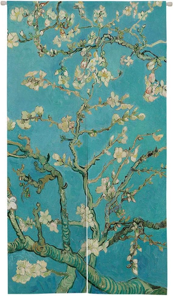 Ofat Home Japanese Noren Doorway Curtain Tapestry, Artistic The Materpiece Apricot Blossom Almond Kitchen Bedroom Bathroom Door Divider Decor, Green, 33.5"x 59" | Van Gogh inspired floral artwork with soft blue tones, Japanese style fabric curtain for ...