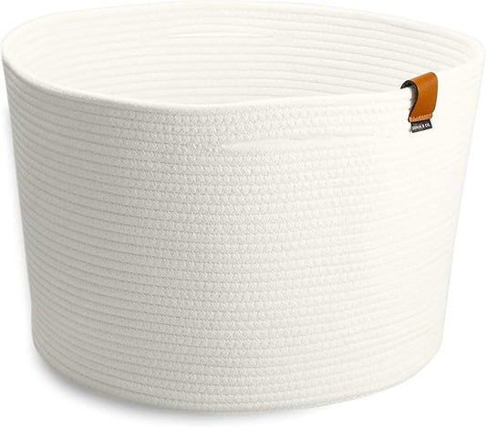 DENJA & CO Large Dog Toy Storage - White Woven Basket for Toys, Blankets, Pillows, or Laundry | Cotton Rope Basket (17.7" W x 11.4" T)