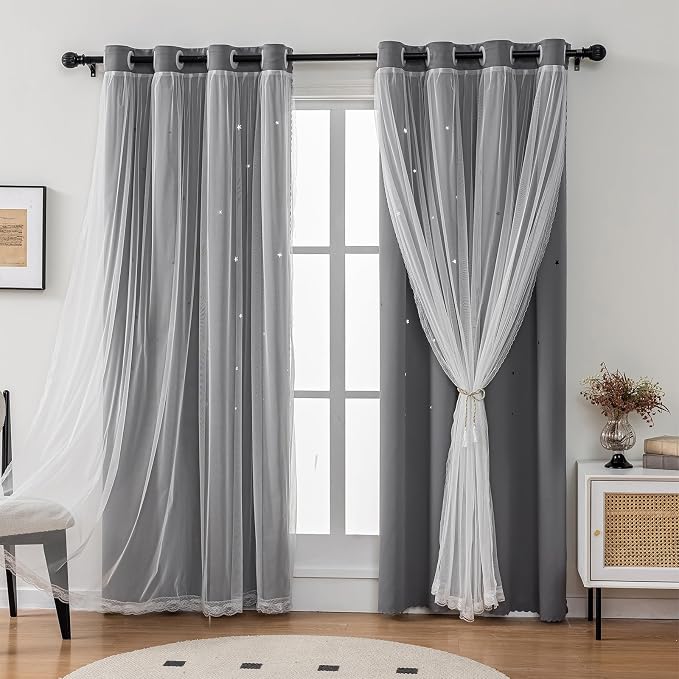 Cute Star Blackout Curtains for Bedroom, Double Layer Curtains, W40X L63 | 2 Panels Greyish Thick Grommet Top Star Cutout Curtains, Double Layer Window Treatments, Aesthetic Living Room Decor
