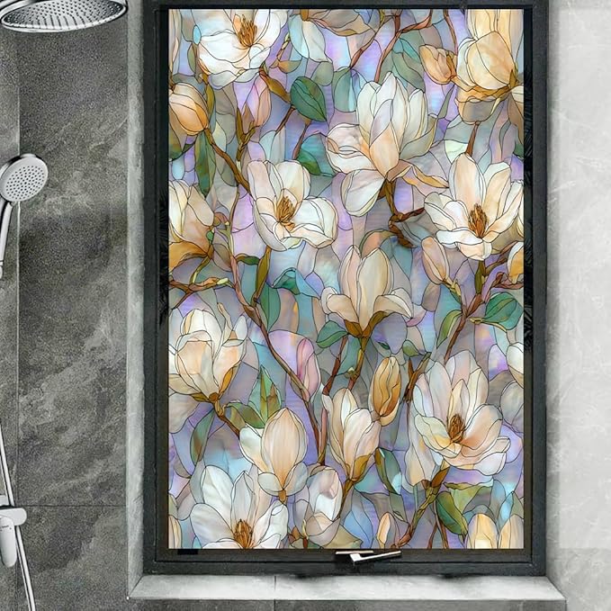 Elegant Floral Plants Stained Glass Window Film, Classic Magnolia Blossoms Peel and Stick Privacy Film, Frosted Adhesive Vinyl Decorative for Bathroom Windows Glass Doors, 31.5Wx47.2L inch