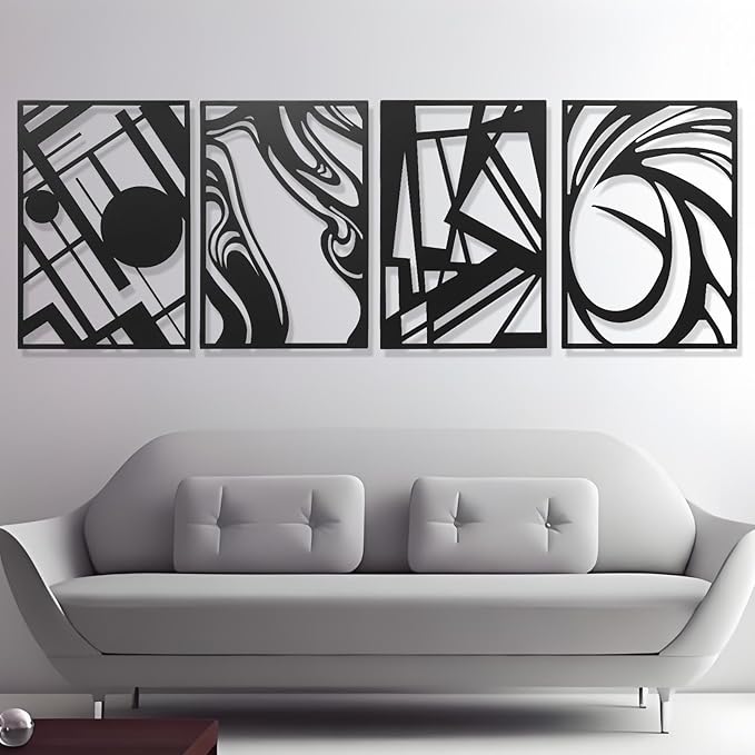 AMAATE Black Metal Wall Art, 4 Pieces Abstract Modern Line Art Sculpture, Hollowed Out Geometric & Fluid Metal Wall Hanging Decor for Living Room Bedroom Office 11" X 14.6" in