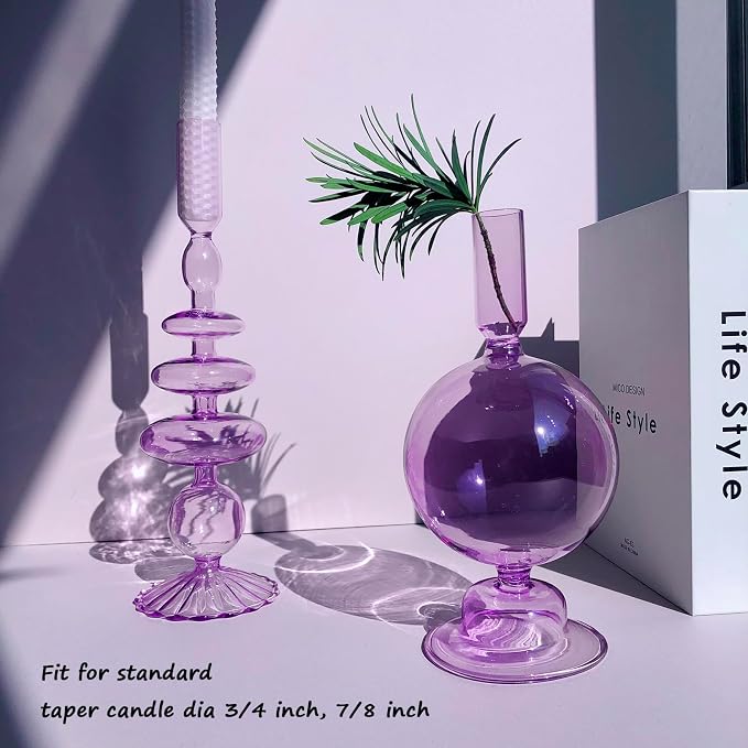 Candle Stick Candle Holder, Glass Candle Holders for Table Centerpiece, Modern Style Purple Candle Holder Mixed 4pcs