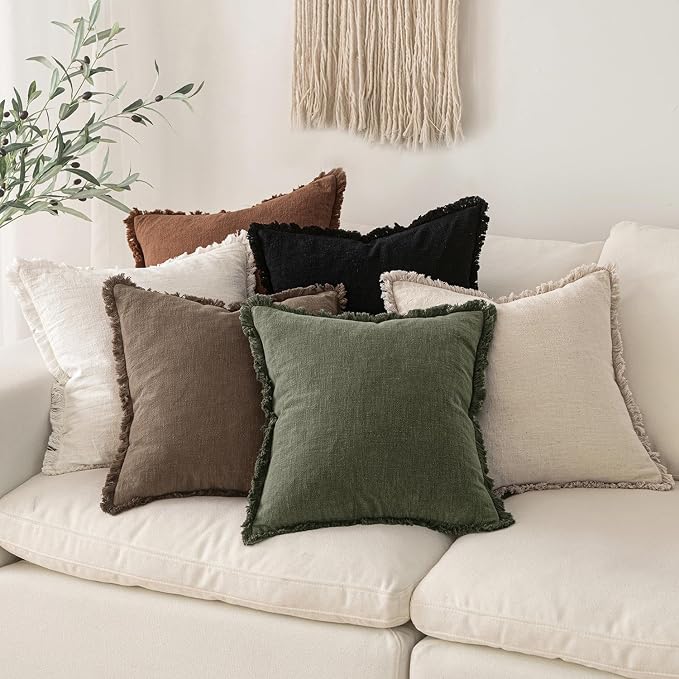 MIULEE Decorative Throw Pillow Covers Neutral Linen Fringe Throw Pillows Euro Shams Set of 2 Cocoa Brown Boho Farmhouse Cushion Covers for Couch Sofa Bed Living Room Fall Home Decor 28x28 Inch