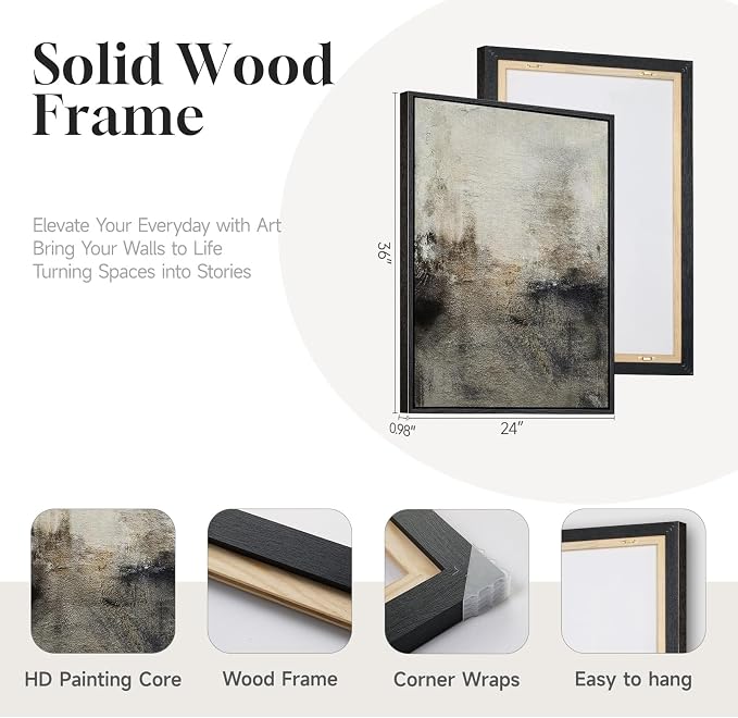 Large Framed Neutral Abstract Wall Art Set of 2 for Living Room, Wabi Sabi Modern Minimalist Black Grey Canvas Artwork for Walls, Rustic Abstract Painting Print Wall Decor for Bedroom Office, 24x36 In