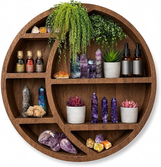 Wooden Crescent Moon Shelf — Boho Wall Decor Crystal Display Shelf for Bedroom, Dorm & Nursery | Crystal Holder for Essential Oils, Witchy & Moon Phase Decor | 14x14x3.5 | Paulownia Wood