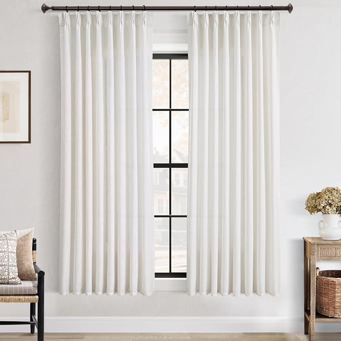 Pinch Pleated Linen Curtains 63 inches Long for Living Room Memory Training Shaped Natural Cream Light Filtering Semi Sheer Curtains 63 inch Length 2 Panel Set Modern Farmhouse Pinch Pleat Drapes