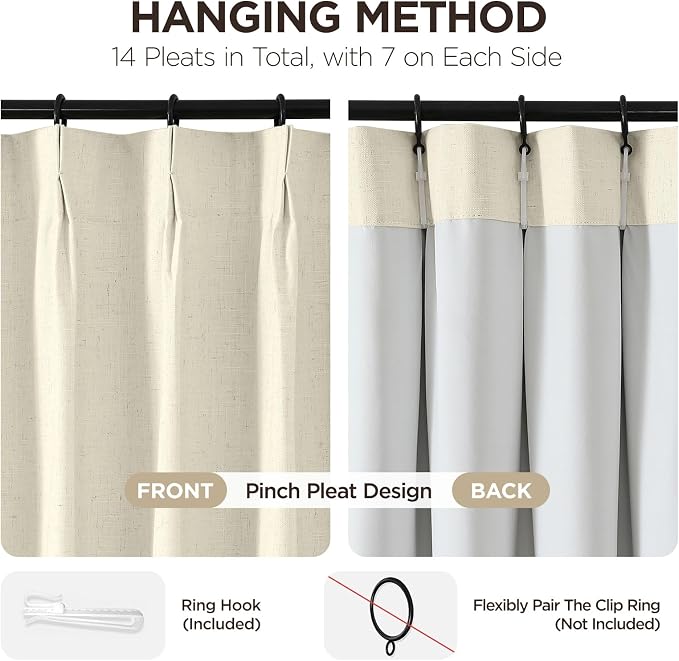 Joydeco Pinch Pleated Linen Curtains Darkening Drapes for Bedroom, 100% Blackout Drapes 96 inches Long 2 Panels Heat Blocking Curtains(Linen,40'' Wx96'' L)
