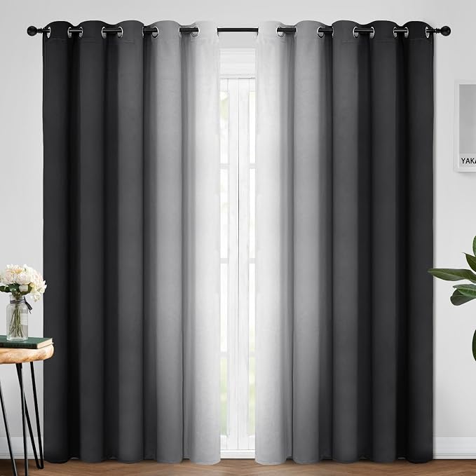 Yakamok Ombre Curtains Black and Greyish White for Living Room,70Wx84L | Room Darkening Curtains 84,Thermal Insulated Gradient Color Drape,Light Blocking Grommet Window Curtains for Bedroom,2 Panels