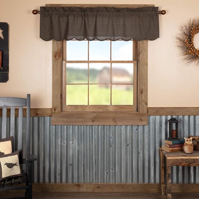 VHC Brands Kettle Grove Window Curtain, Plaid Valance Scalloped, Black, 16x60