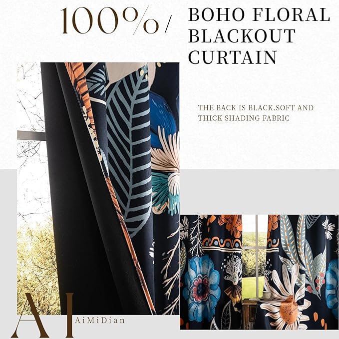 Black Boho Floral 100% Blackout Curtains 84 inch Long 2 Panels Set Vintage Blue Flower Patterned Black Out Curtains Room Darkening Thermal Insulated Window Drapes for Bedroom Living Room 52x84inch