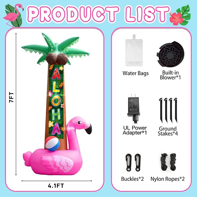7FT Inflatable Pink Flamingo Palm Trees, Christmas in July Luau Beach Party Hawaiian Tropical Decors with Aloha Streamer, Pool Outdoor Decoration with Built-in LEDs for Summer Lawn Yard Beach