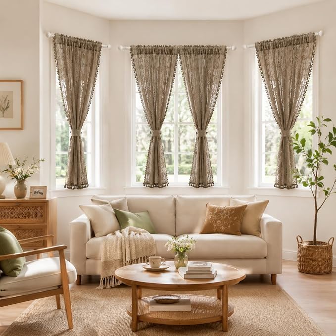 WAZZIO Boho Lace Curtains 2 Panels 63 Inch -Victorian Sheer Panel Drape French Country Floral Pattern & Tassel Light Filtering Privacy for Bedroom Dining Living Room,Coastal Decor,Taupe,W52x L63