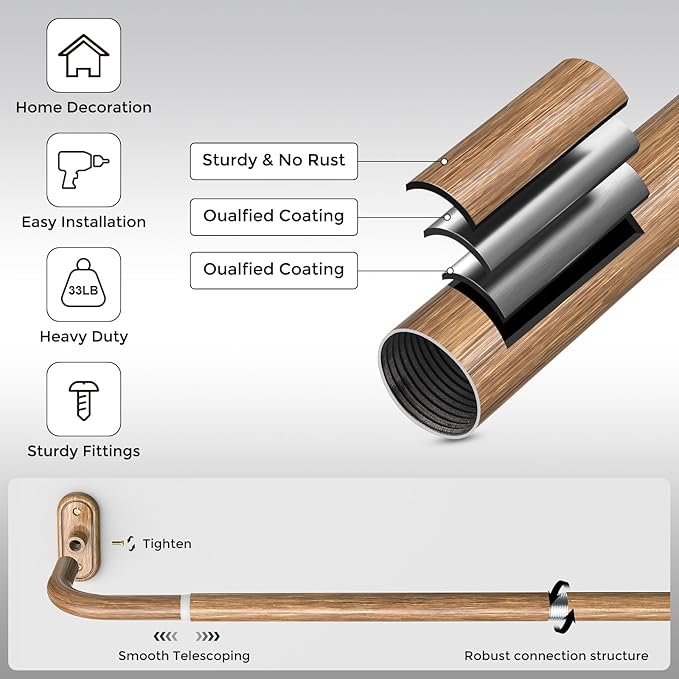 Wrap Around Curtain Rods Wood, Blackout Heavy Duty Curtain Pole for Windows 48 to 84 Inch, 1" Decorative Room Darkening Curved Boho Drapery Rod (Wood/Unique Design/All Metal)