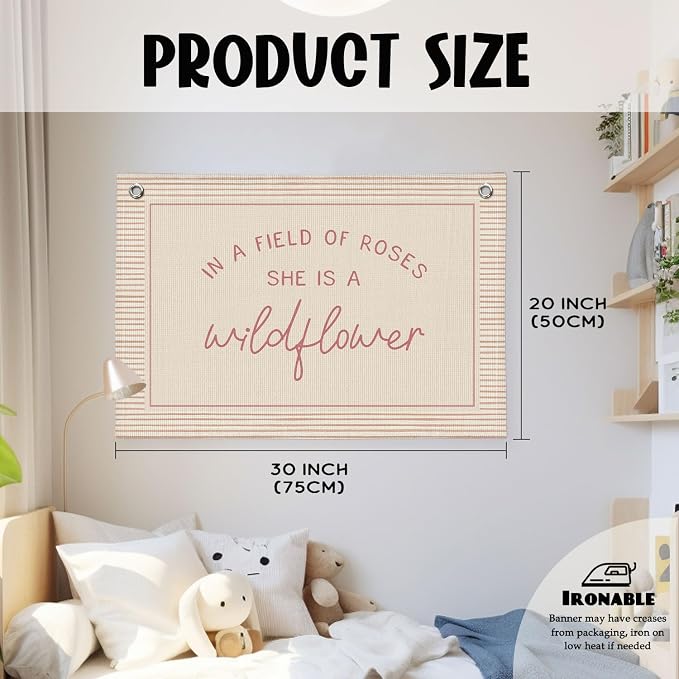 Wildflower Nursery Decor, Girls Room Decor - In a Field Full of Roses She Is a Wildflower Pink Linen Banner Flag for Little Girl Baby Girl - Pink Line