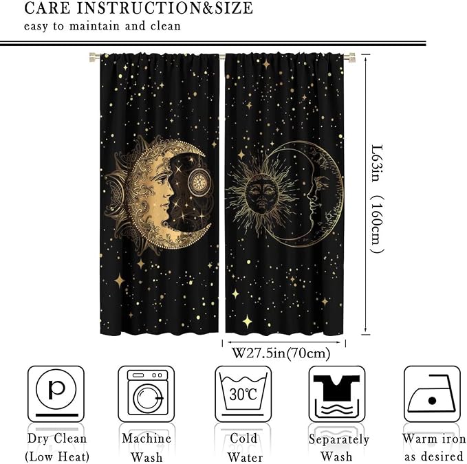 Sun and Moon Blackout Windows Curtains, Golden Planet Star Mysterious Galaxy Curtains Space Curtains, for Living Room Bedroom 55x63in 2 Panels