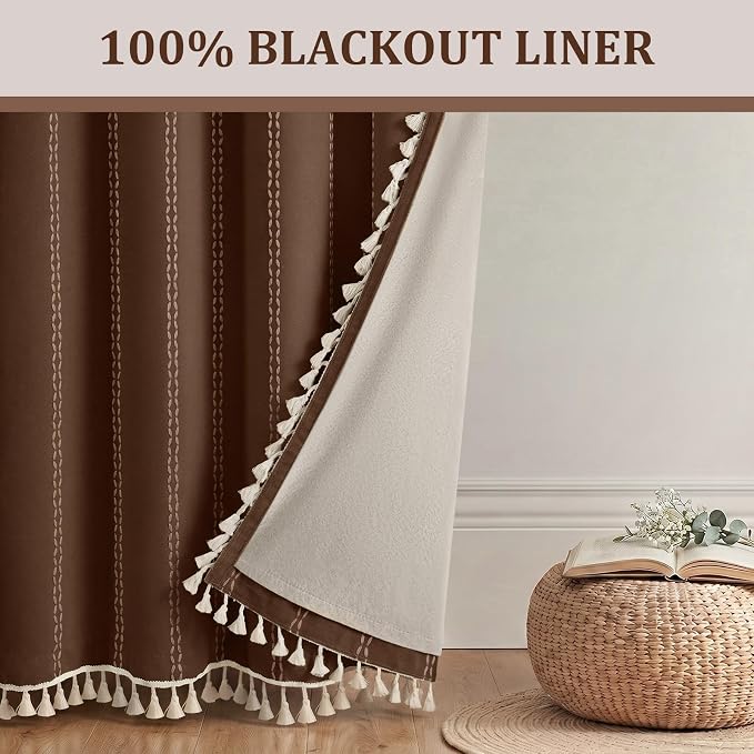 Brown Boho Blackout Curtains 2 Panels 84 Inch for Living Room Bedroom, Linen Texture Farmhouse Curtains with Tassels and White Cotton Embroidery Vintage
