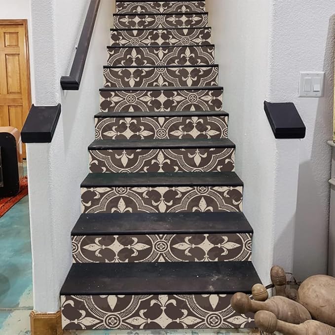 REDAMANCY Vintage Beige Dark Brown Damask Flower Peel and Stick Vinyl Stair Riser Decals Staircase Tile Stickers Decor Modern Marble Decoration Self-Adhesive(14 Pcs)
