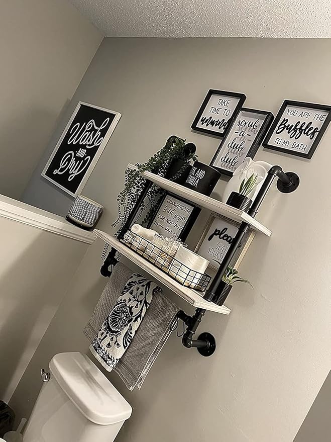 ROGMARS White Bathroom Floating Shelves for Wall Industrial Pipe Shelving | 24 Inch Wall Mounted Shelves with Towel Bar Hooks Coffee Bar Shelves Wine Hanging Display Rack Bookshelf Living Room Decor