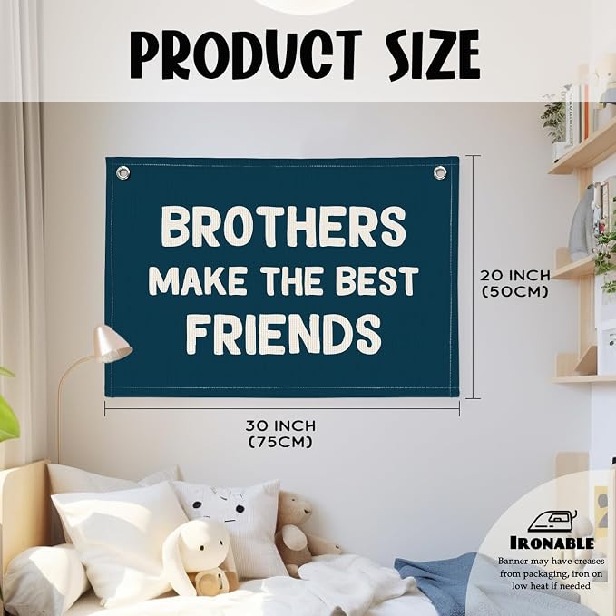 Brothers Make The Best Friends Banner, Boys Room Decor, Toddler Boy Linen Banner Wall Hanging Flag Decor for Nursery 20x30 - Navy Blue