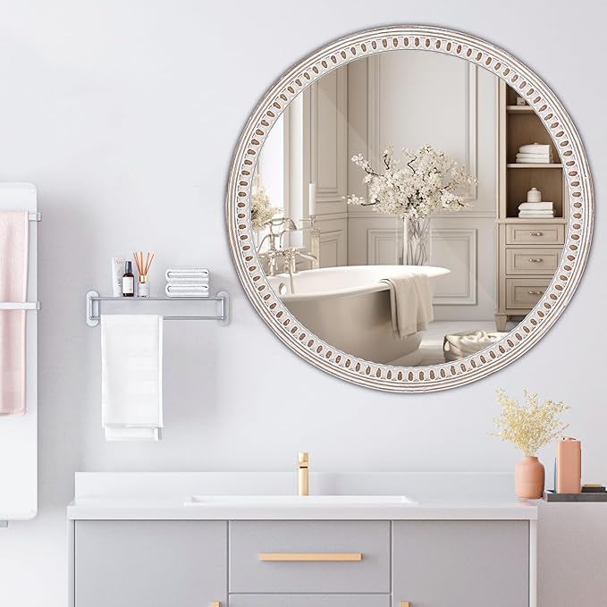 24 Inch Rustic Farmhouse Round Wood Wall Mirror for Bathroom Entryway Decor | Soft Curved Shape Balances Straight Furniture Lines While Creating an Inviting Focal Point in Compact or Open Areas