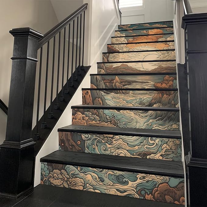 REDAMANCY Boho Orange Sunset Sea Wave Landscape Abstract Peel and Stick Vinyl Stair Riser Decals Staircase Tile Stickers Decor Modern Marble Decoration Self-Adhesive(14 Pcs)