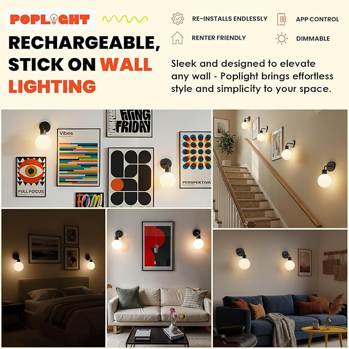 Poplight Wireless Wall Sconce (Shark Tank) Rechargeable & Dimmable LED Light w/App Control & Damage-Free Install, Moveable Modern Ambient Lighting for Elegant Home & Bedroom Decor | Matte Black